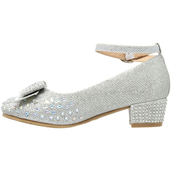 Kids Silver Glitter Rhinestone Bow Low Heel MARY50 - Picture 4 of 6